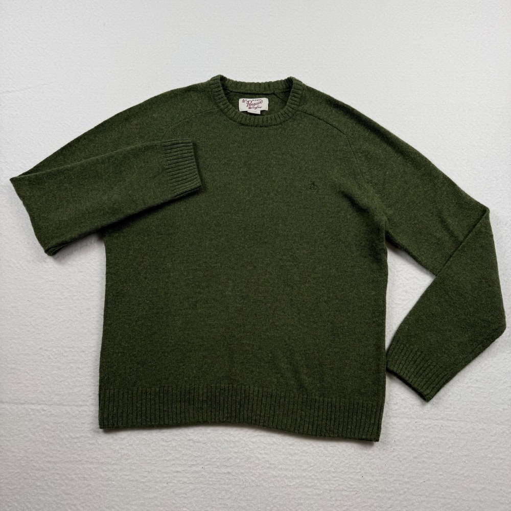 Original Penguin Crewneck Sweater Wool Blend Olive Green Knit Large